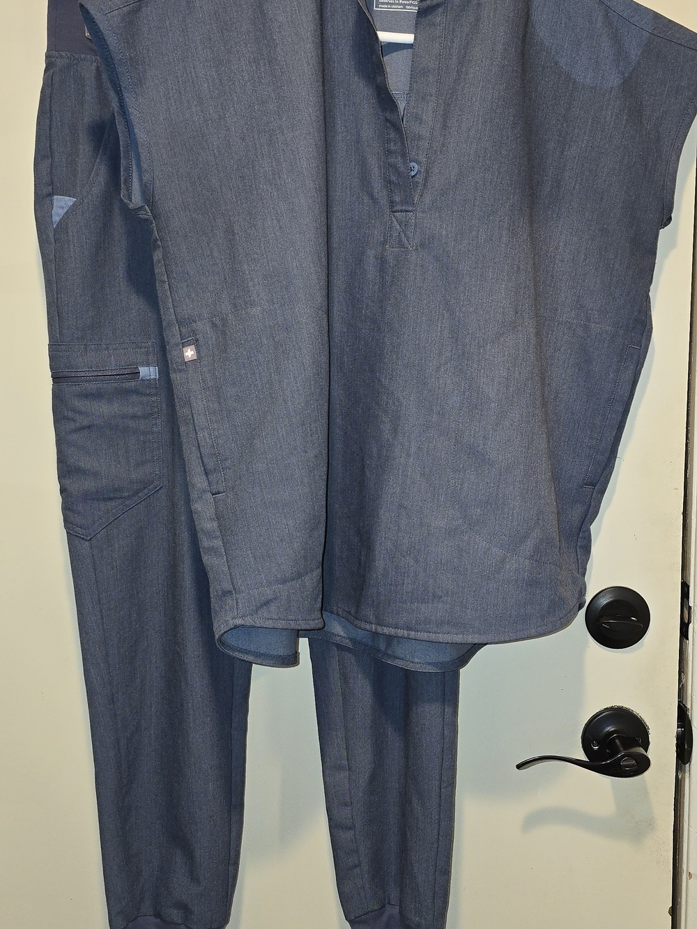 FIGS Women's Denim-Effect Scrub Top and Jogger Set — Navy Blue